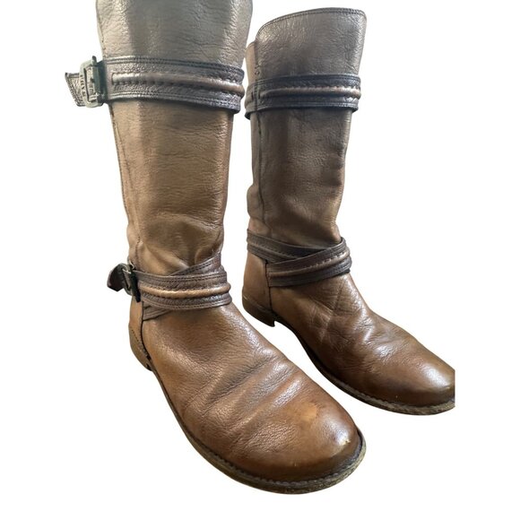 Frye Boots Paige Trapunto Women's 8 B shoes brown Leather Buckle Mid Calf 76115 - Picture 2 of 13